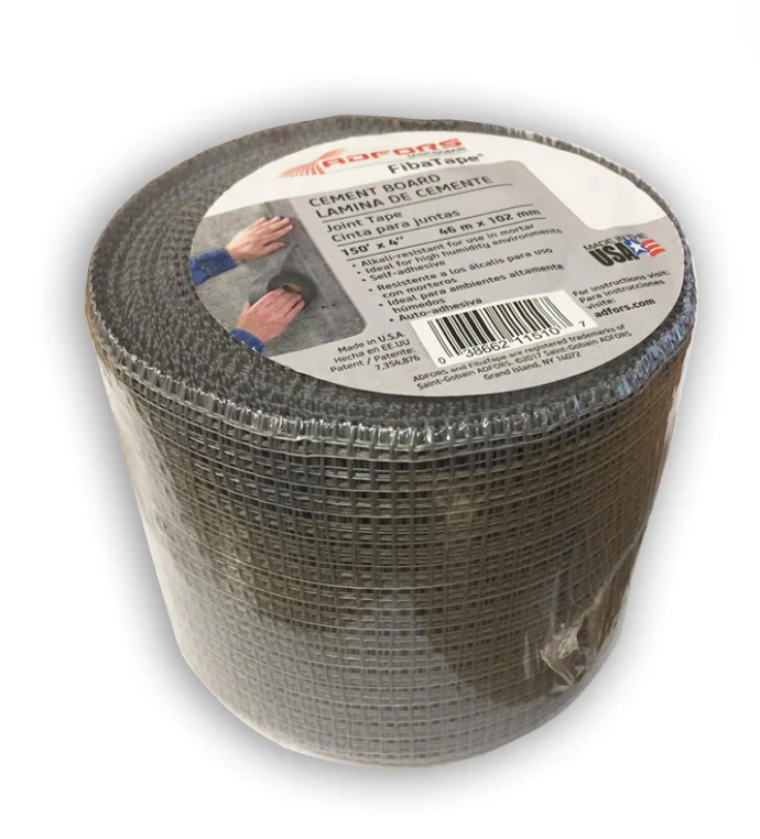 FibaTape Cement Board Tape 150ft roll showing professional-grade fiberglass mesh with alkali-resistant coating for shower and bathroom installations