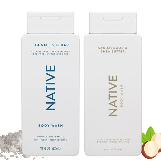 Native Body Wash, 2 Pack - Sandelwood and Shea Butter & Sea Salt and Cedar 18oz Clean Body Cleanser, Sulfate-Free, Paraben-Free Formula for All Skin Types