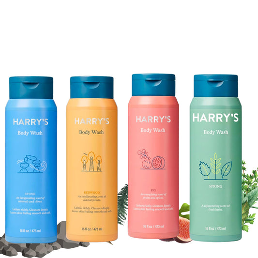 Harry's Men's Body Wash, 16 Fl oz (Pack of 4) | Men's Body Wash and Shower Gel Variety Pack - Stone, Redwood, Fig & Spring Scent | Sulfate-Free Body Wash for Men