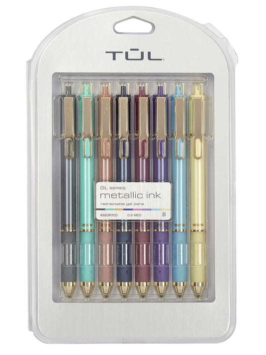 TUL Limited Edition Metallic Brights Retractable Gel Pens - Medium Point 0.8 mm, Assorted Barrel Colors (8 Pack)