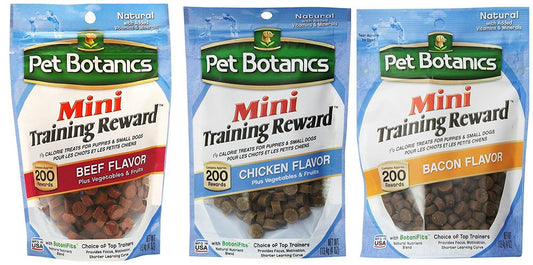 Pet Botanics Mini Training Rewards for Dogs 3 Flavor Variety Bundle: (1) Bacon, (1) Chicken and (1) Beef, 4 Oz Ea (200 Count per Bag, 3 Bags Total)