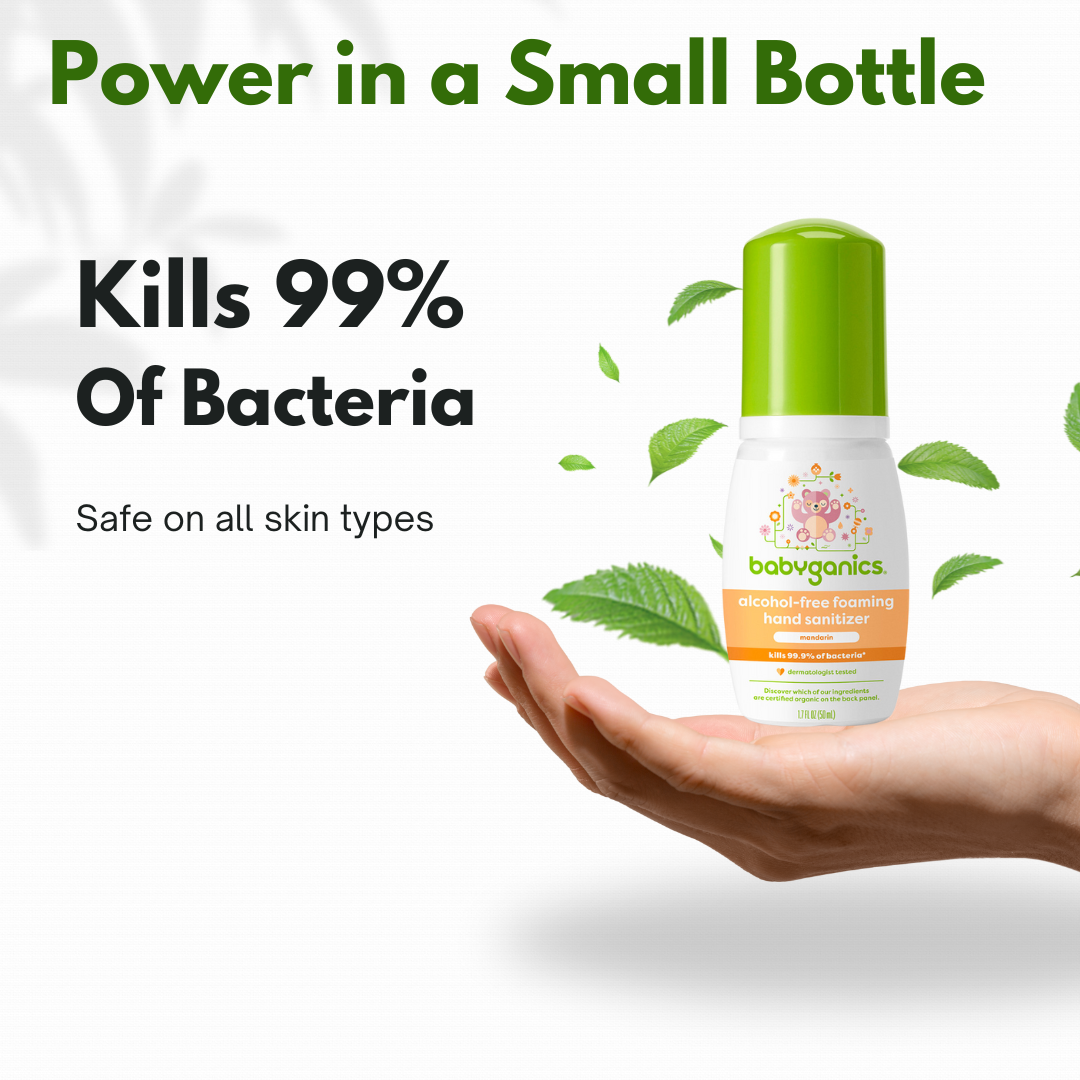 Babyganics travel pack of four 50 ml Mandarin-scented foaming hand sanitizers, featuring a gentle alcohol-free formula perfect for babies and on-the-go use.