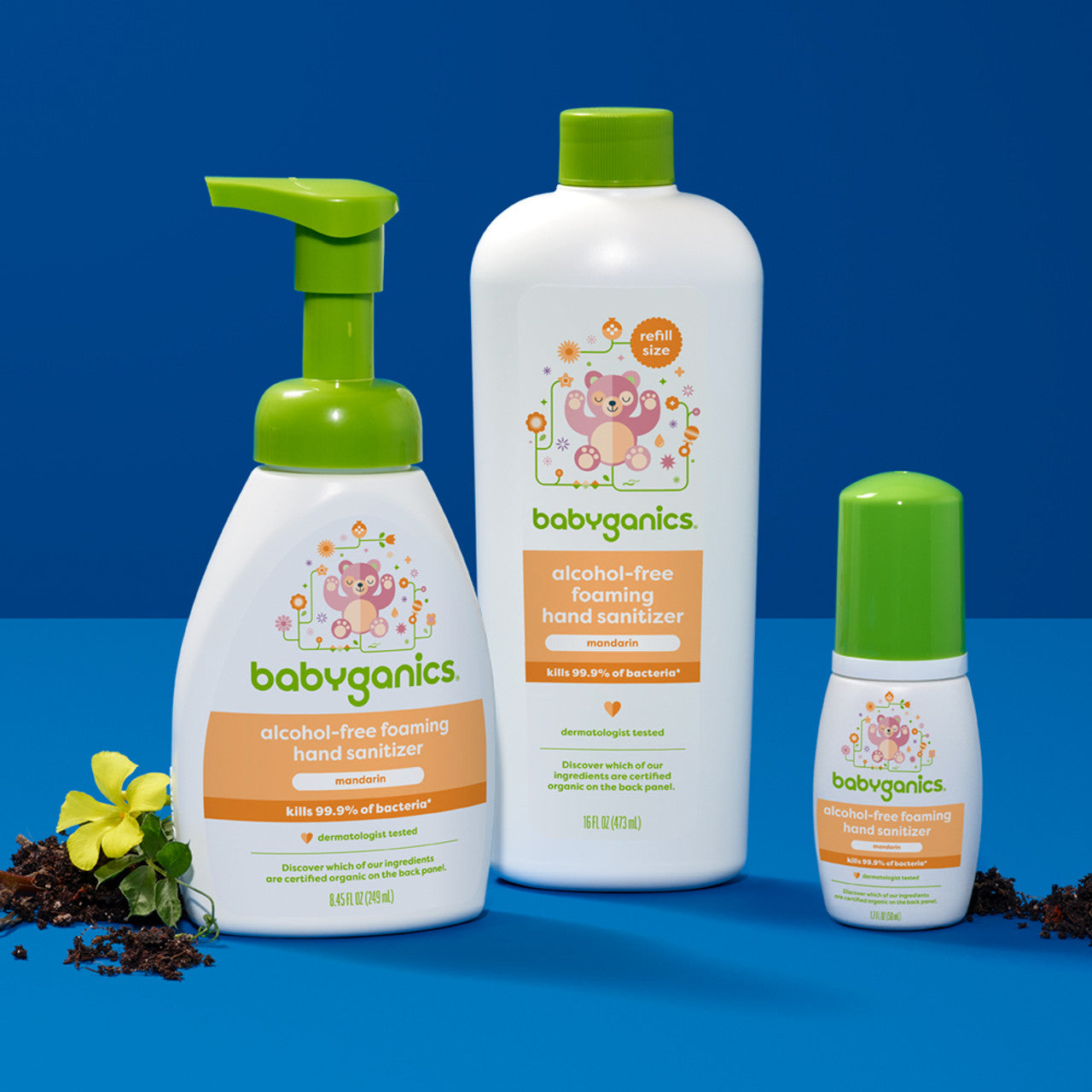 Babyganics 50 ml Mandarin foaming hand sanitizer, alcohol-free and designed for delicate skin, providing a fresh scent and effective hand cleaning.